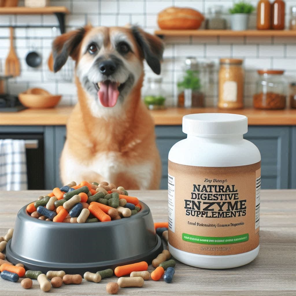 Container of natural digestive enzyme supplements with dog food in a bright kitchen