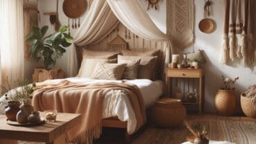 Boho bedroom sanctuary with natural color palette and earth-toned textiles.