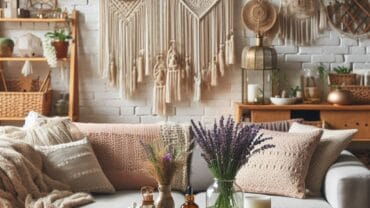 Stylish boho living room with DIY decor, thrifted furniture, and natural sleep remedies like lavender and chamomile.