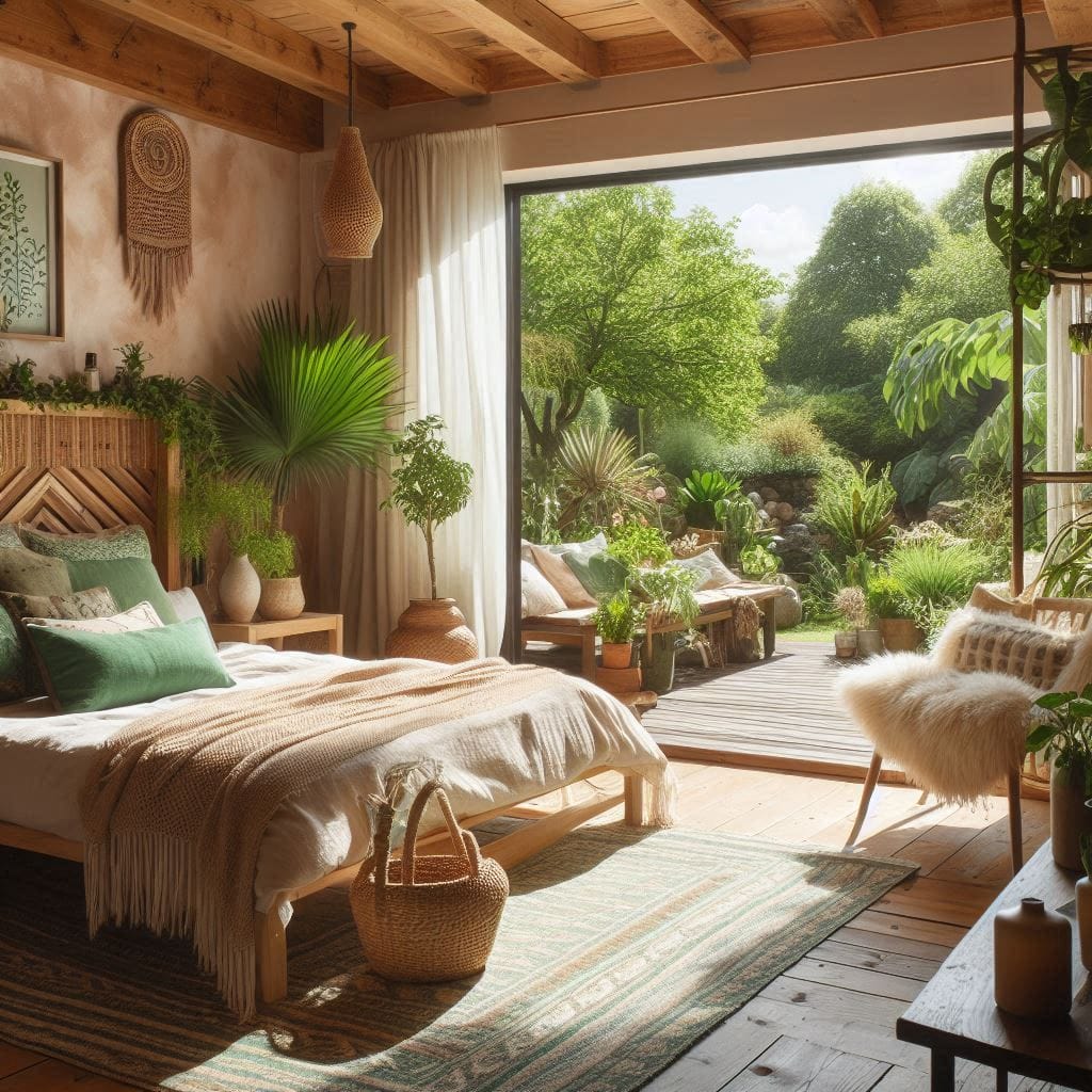 Boho bedroom with large window view of garden and natural wood furniture.