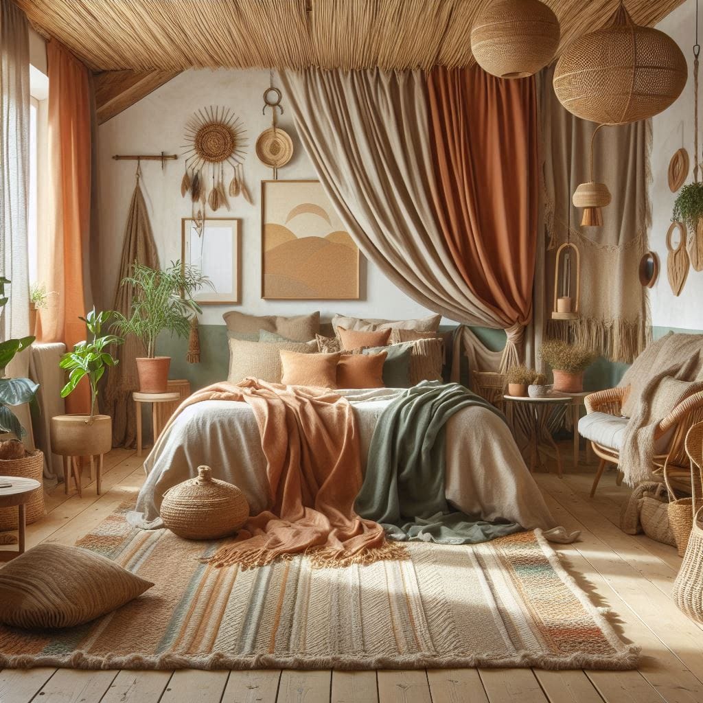 Boho bedroom with earthy color harmony in terracotta, olive green, and sandy beige.