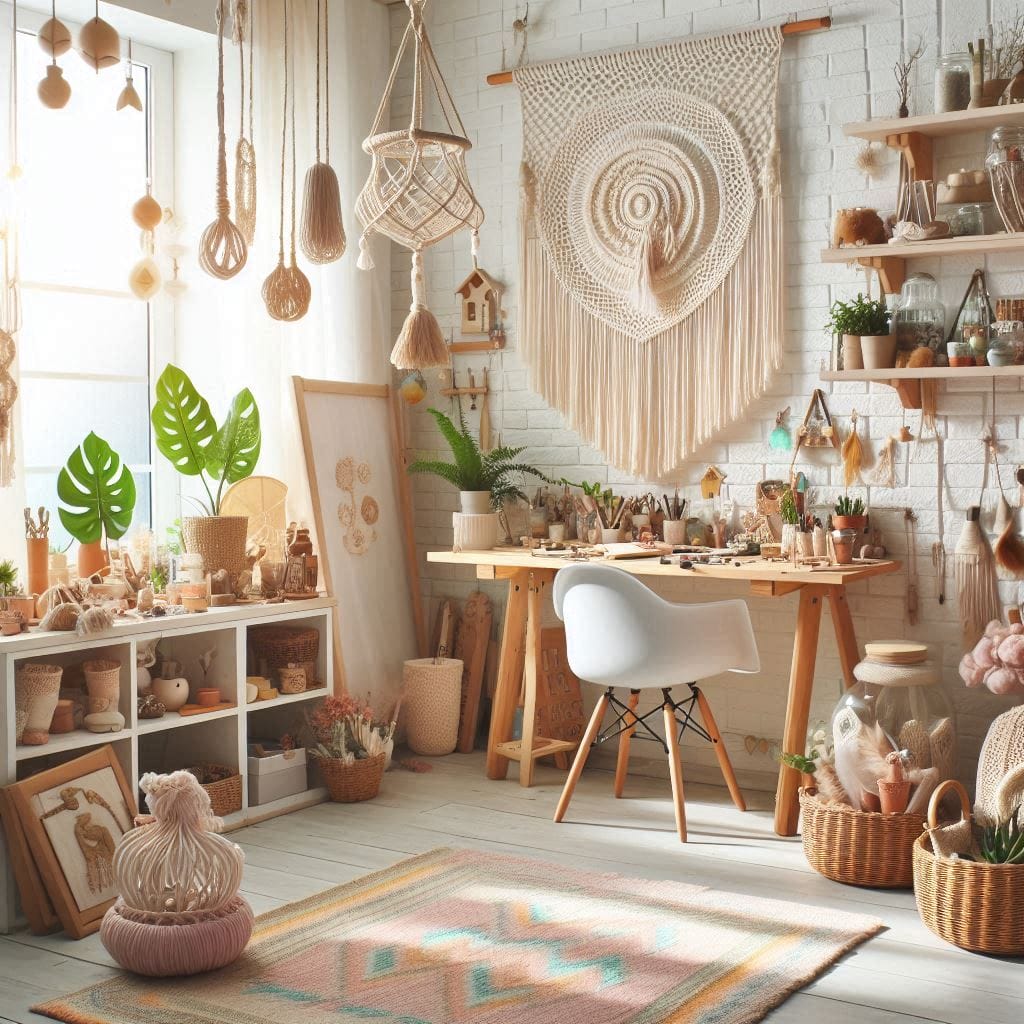 Creative workspace with budget-friendly DIY boho decor projects including macrame crafts and painted thrift store furniture.