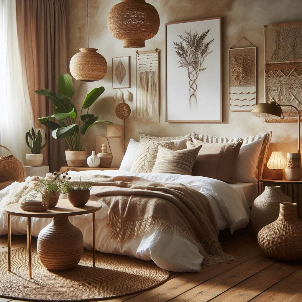 bedroom with earthy elegance featuring ceramic vases and woven wall art.