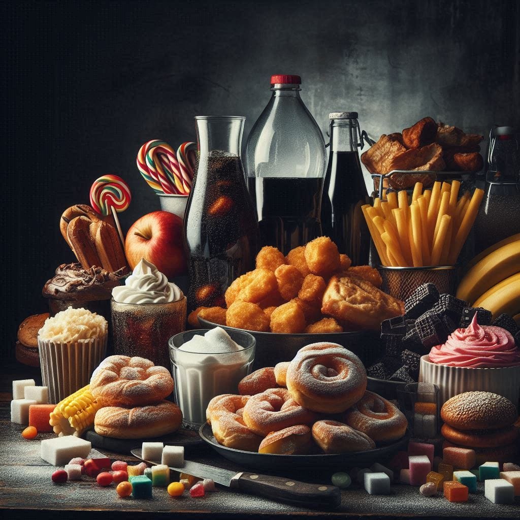 A dark and cluttered arrangement of unhealthy foods, highlighting what to avoid during a detox.