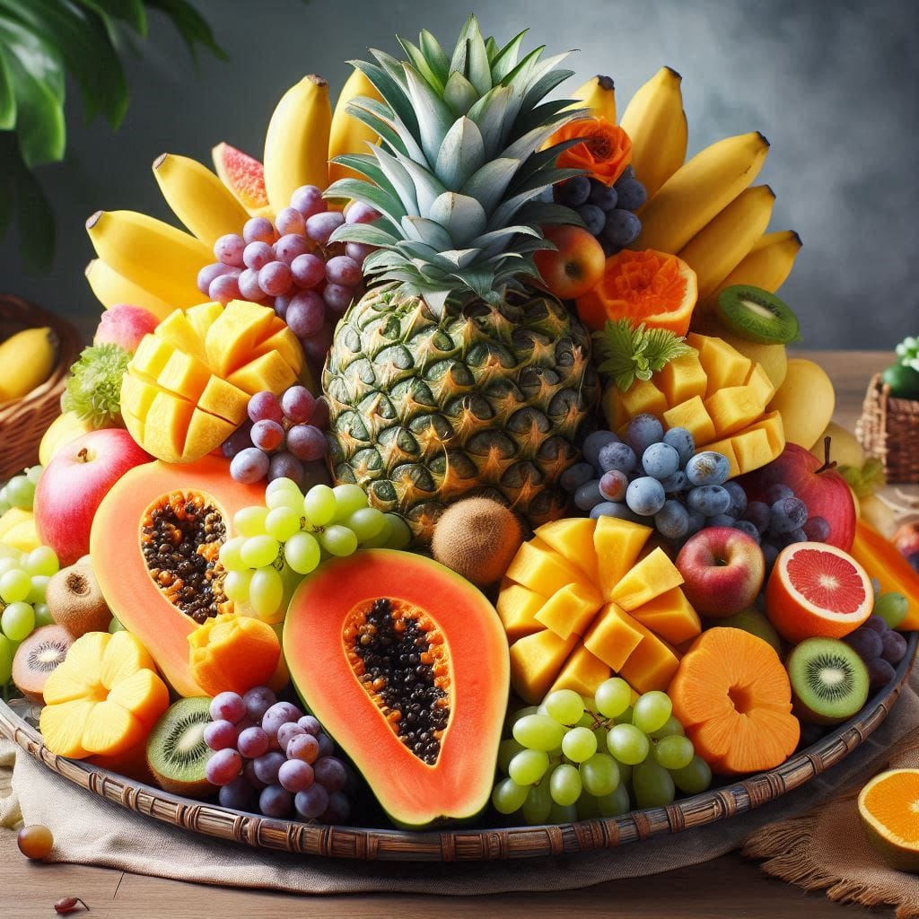 Fresh fruit arrangement for loose skin remedies, featuring papaya, pineapple, banana, and grapes on a decorative platter.