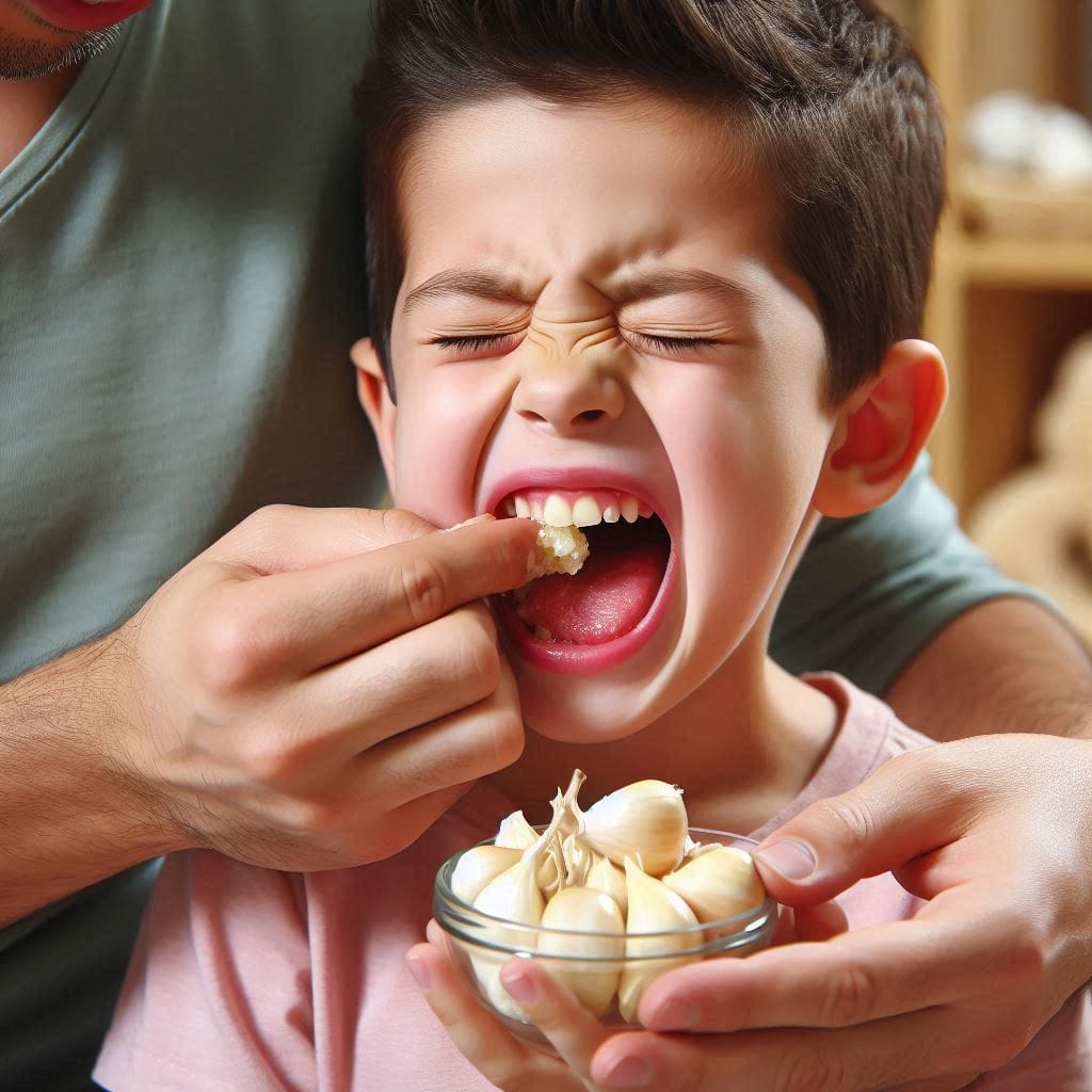 Parent applying garlic paste to child's aching tooth.