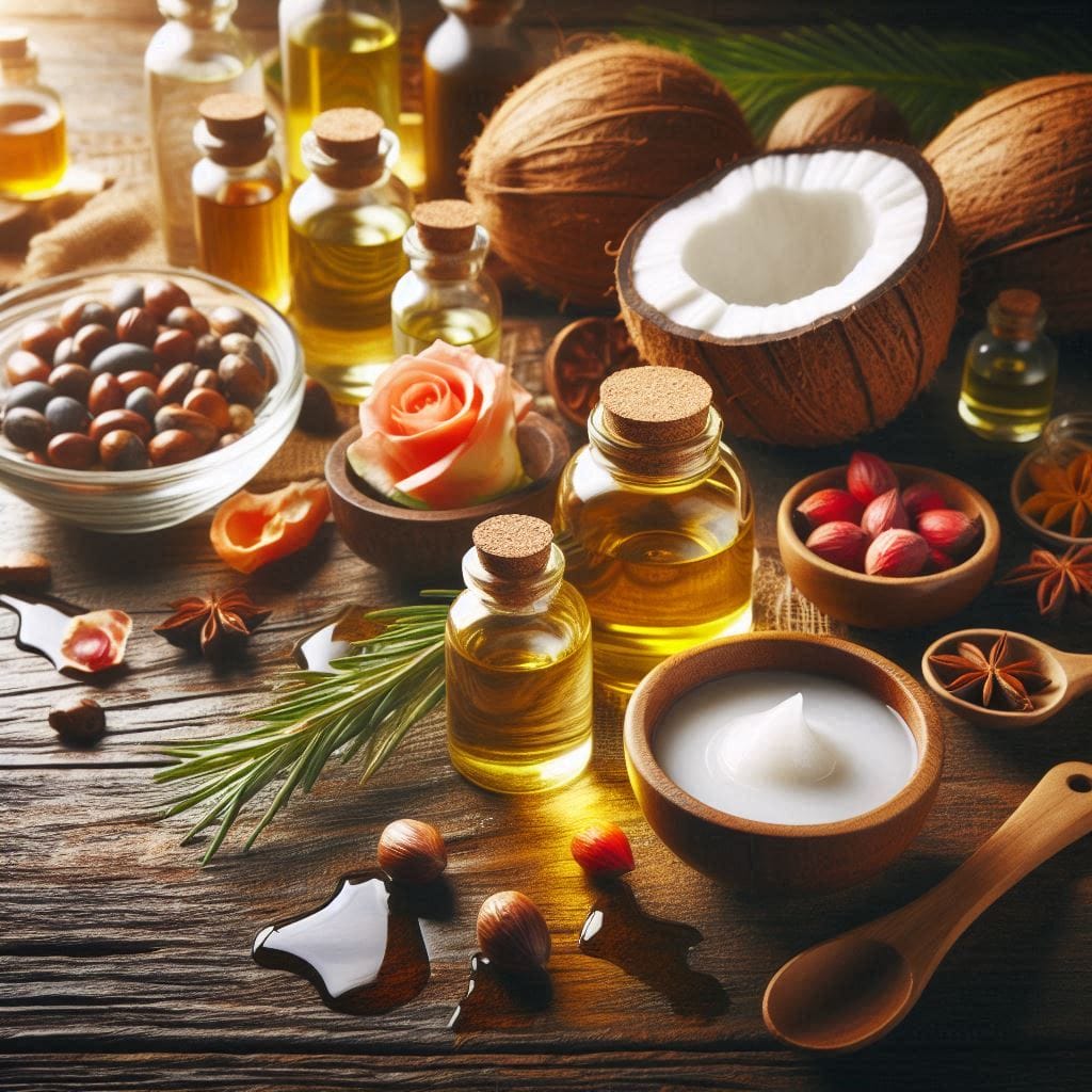 Natural oils for skin firming, including coconut oil, argan oil, and rosehip oil, arranged on a wooden table.