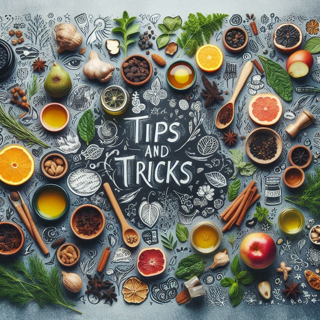 Natural skin tightening ingredients and DIY remedies, including aloe vera, green tea, cucumber, and more, arranged on a tips and tricks board with handwritten notes and doodles.