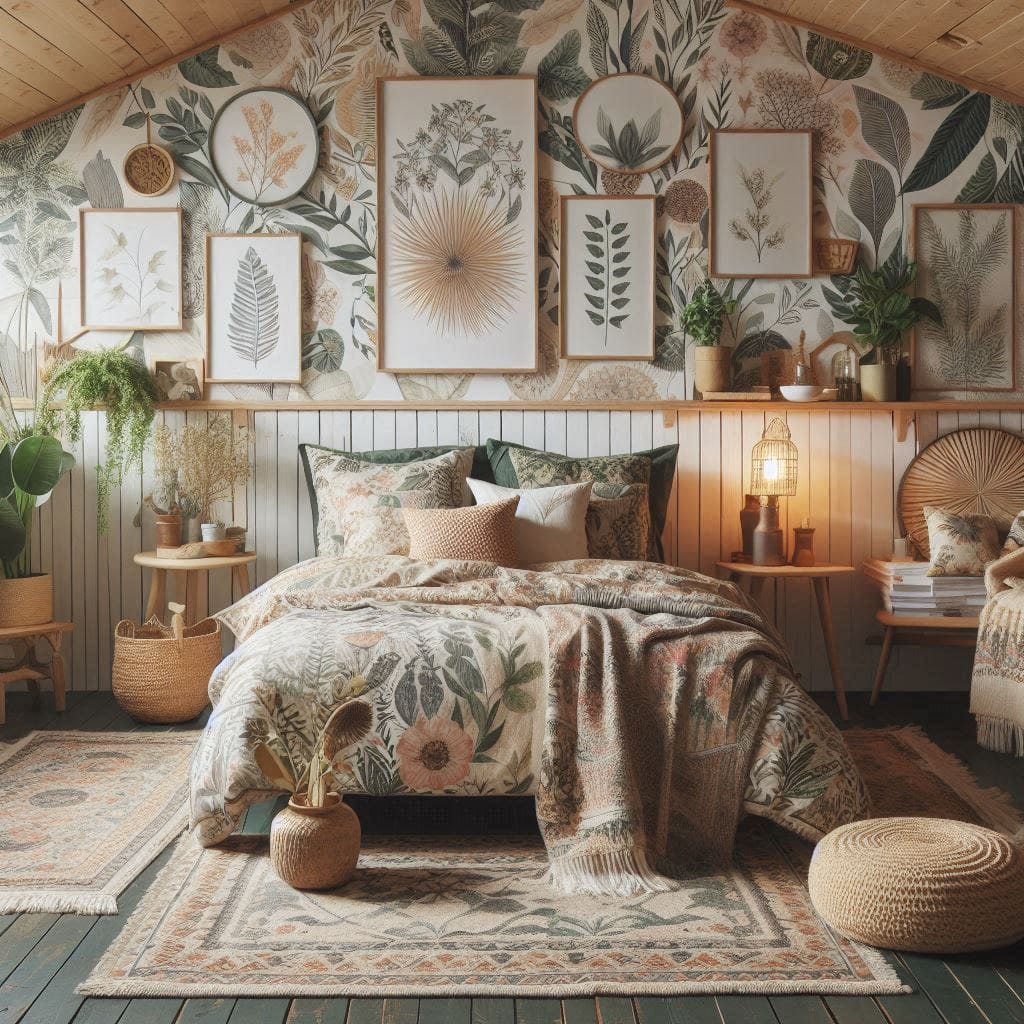 Boho bedroom with nature-inspired patterns including botanical prints and floral rugs.